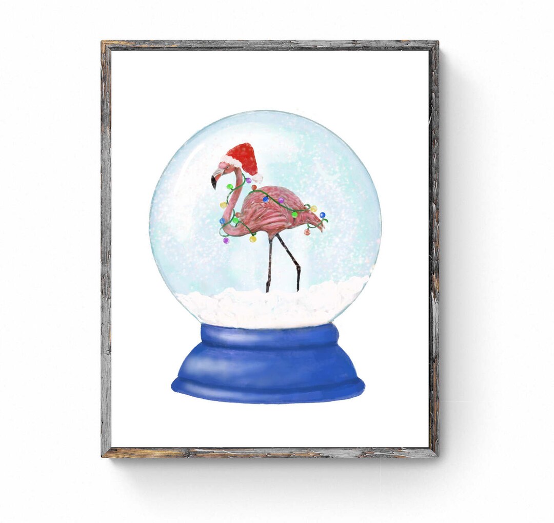 Christmas Flamingo Snow Globe Print, Winter Christmas Art, Flamingo