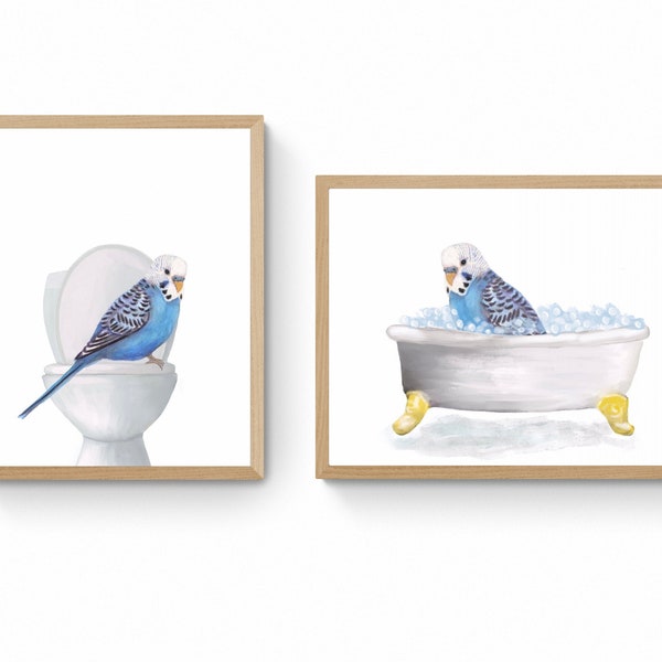Blue Budgie in Bathroom Set of 2, Blue Parakeet On Toilet Print, Budgie In Bathroom, Animal Bathroom Wall Art, Bird Memorial Painting