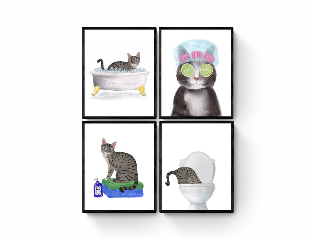 Set of 4 Gray Tabby Cat Bathroom Wall Art, Bathroom Wall Decor Set