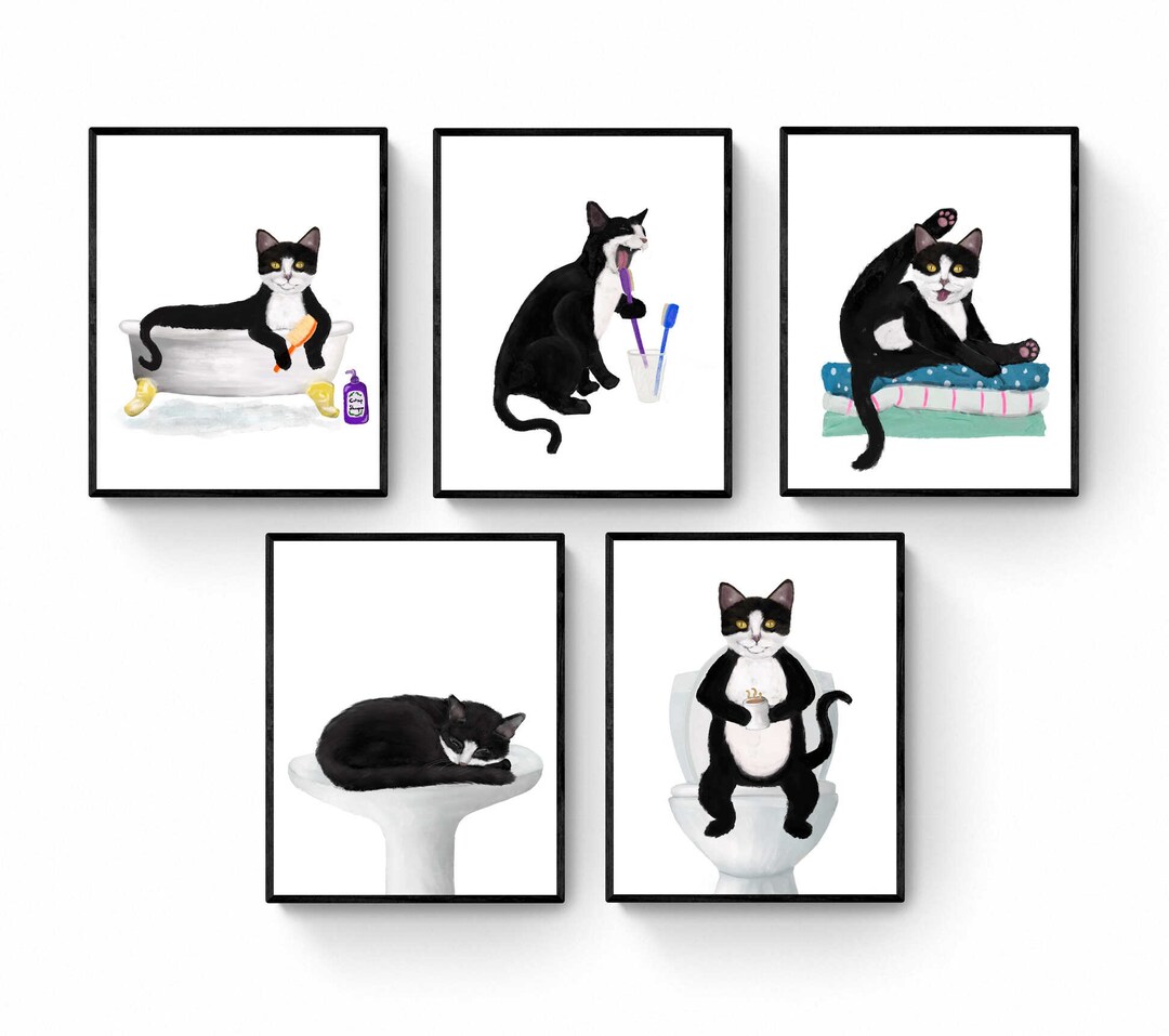 Set of 5 Tuxedo Cat Bathroom Wall Art, Bathroom Wall Decor Set, Cute