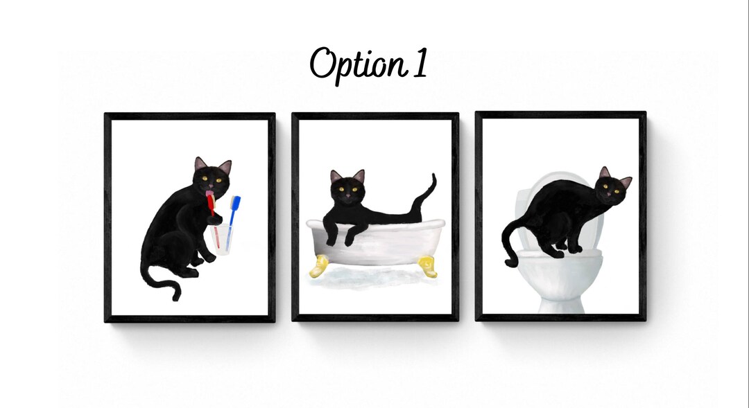 Black Cat Bathroom Wall Art Set of 3, Bathroom Wall Decor Set, Cute
