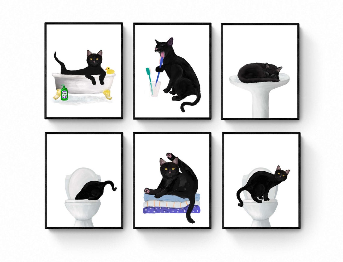 Set of 6 Black Cat Bathroom Wall Art Bathroom Wall Decor Set Etsy