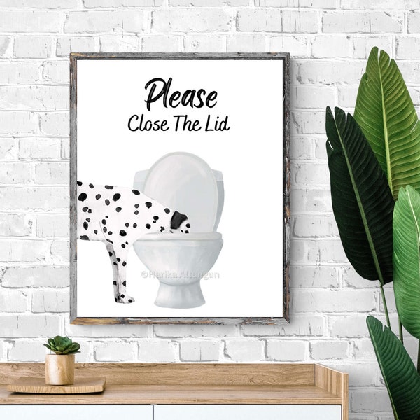 Funny Dalmatian Toilet Sign, Dog Drinking From Toilet Print, Bathroom Decor, Cream Dog Painting, Puppy Poster, Pet Memorial, Dog Lover Art