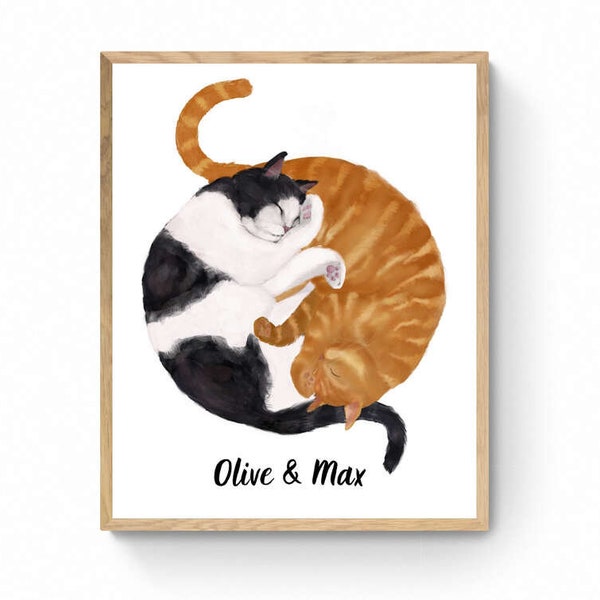 Personalized Sleeping Orange And Tuxedo Cat Print,, Sleeping Ginger and Black Cat, Cat Illustration, Home Decor, Sleeping Cat Painting