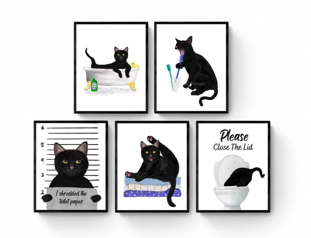 Set of 5 Black Cat Bathroom Wall Art, Bathroom Wall Decor Set, Cute Black Cat in Bath Artwork
