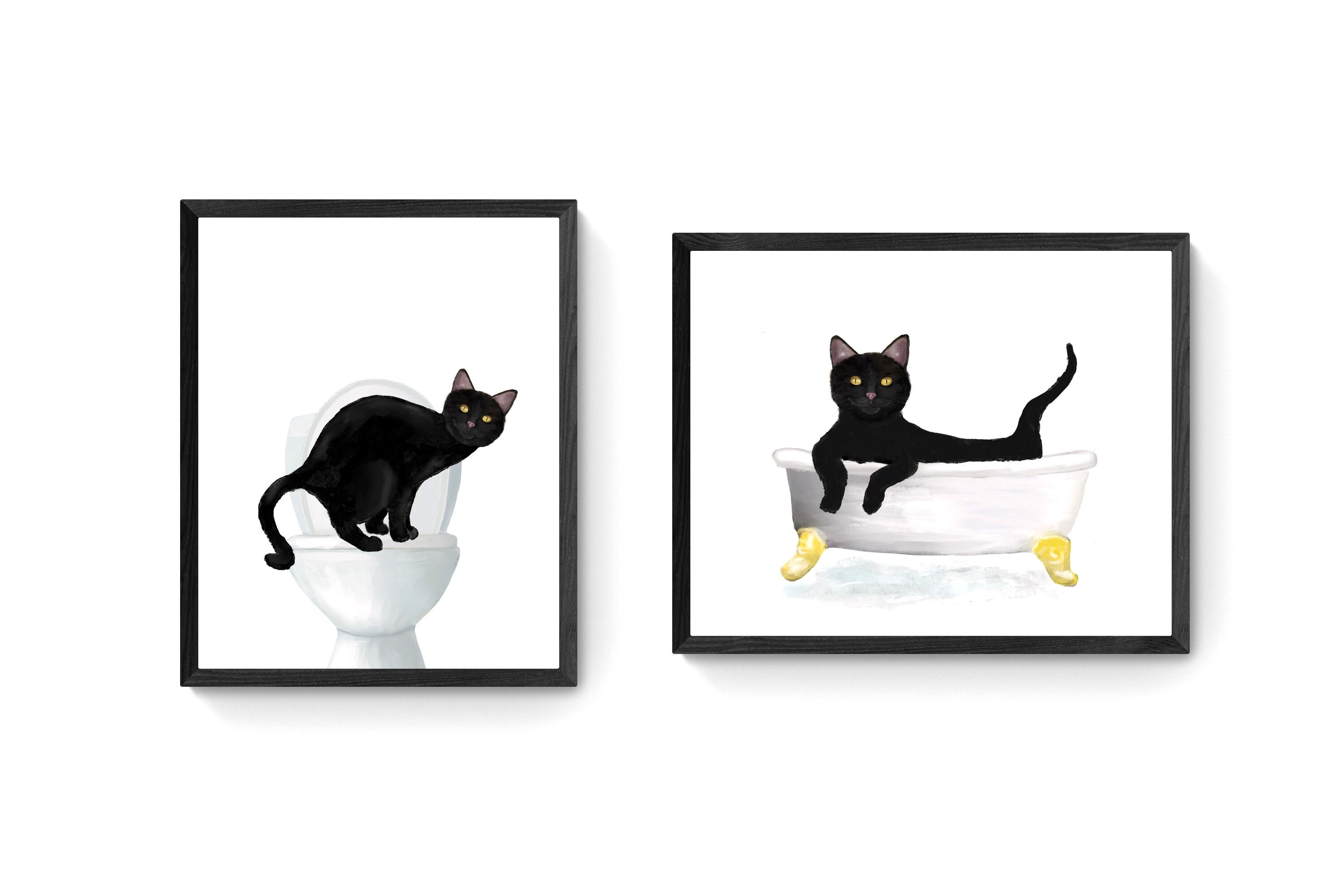 Set of 2 Black Cat Bathroom Wall Art Bathroom Wall Decor Set Etsy