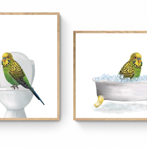 Green Budgie Bathroom Set of 2, Parakeet On Toilet Print, Budgie In Bathroom, Animal Bathroom Wall Art, Bird Memorial Painting, Bird Lover