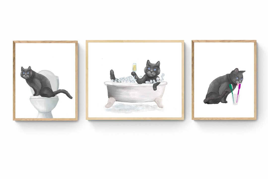 Set of 3 Gray Cat Bathroom Wall Art, Bathroom Wall Decor Set, Cute Gray
