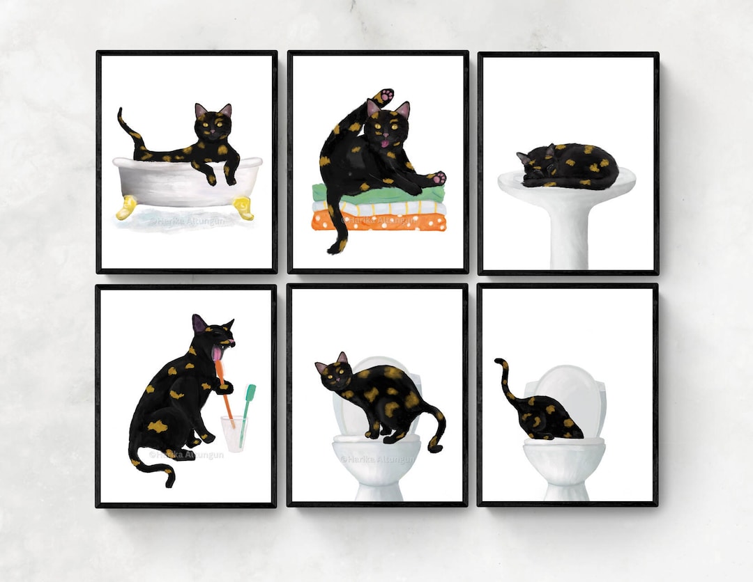 Set of 6 Tortie Cat Bathroom Wall Art, Bathroom Wall Decor Set, Cute