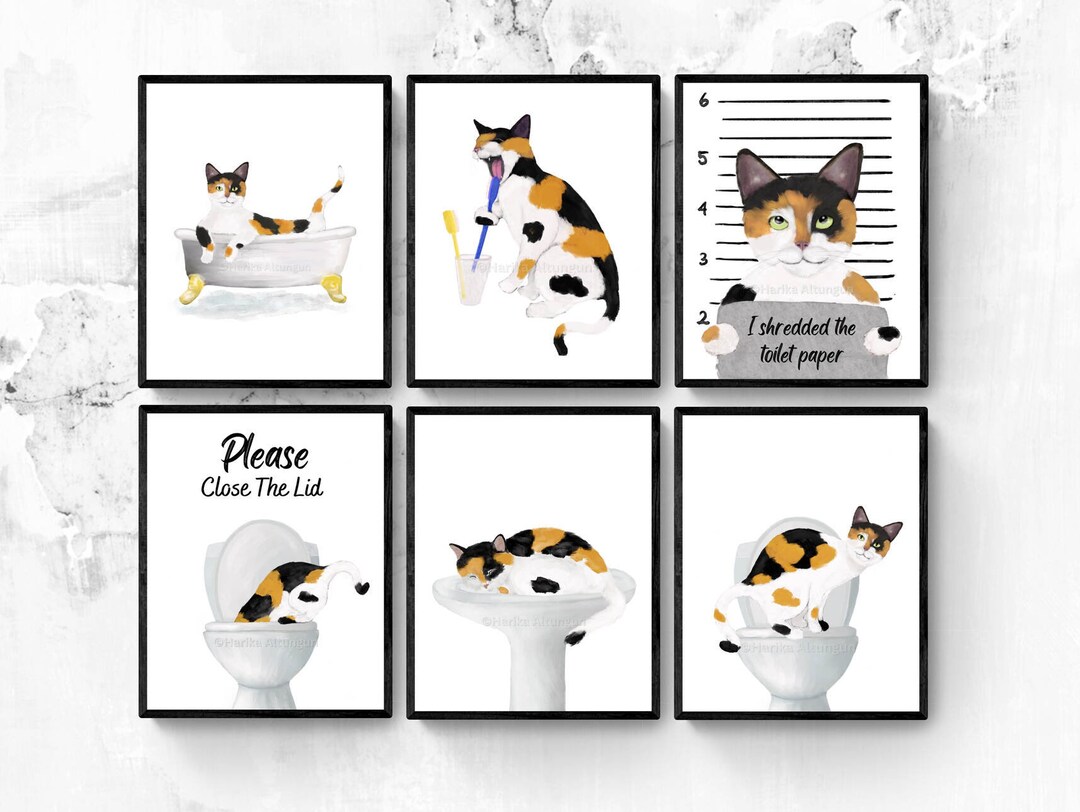 Set of 6 Calico Cat Bathroom Wall Art, Bathroom Wall Decor Set, Cute