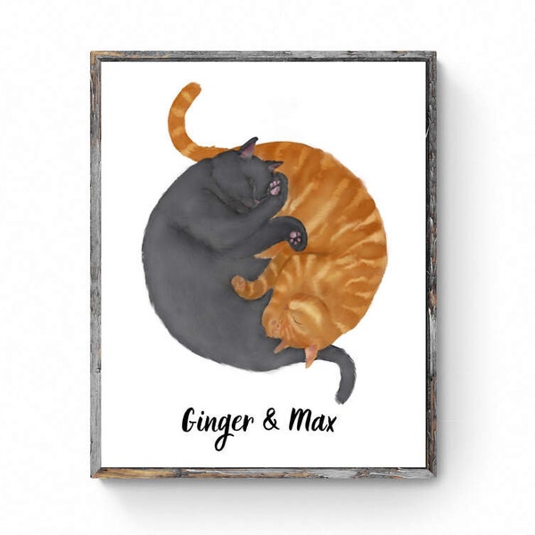 Customized Sleeping Gray And Orange Tabby Cat Print, Custom Cuddling Ginger and Gray Cat, Cat Illustration, Home Decor, Lazy Cat Painting