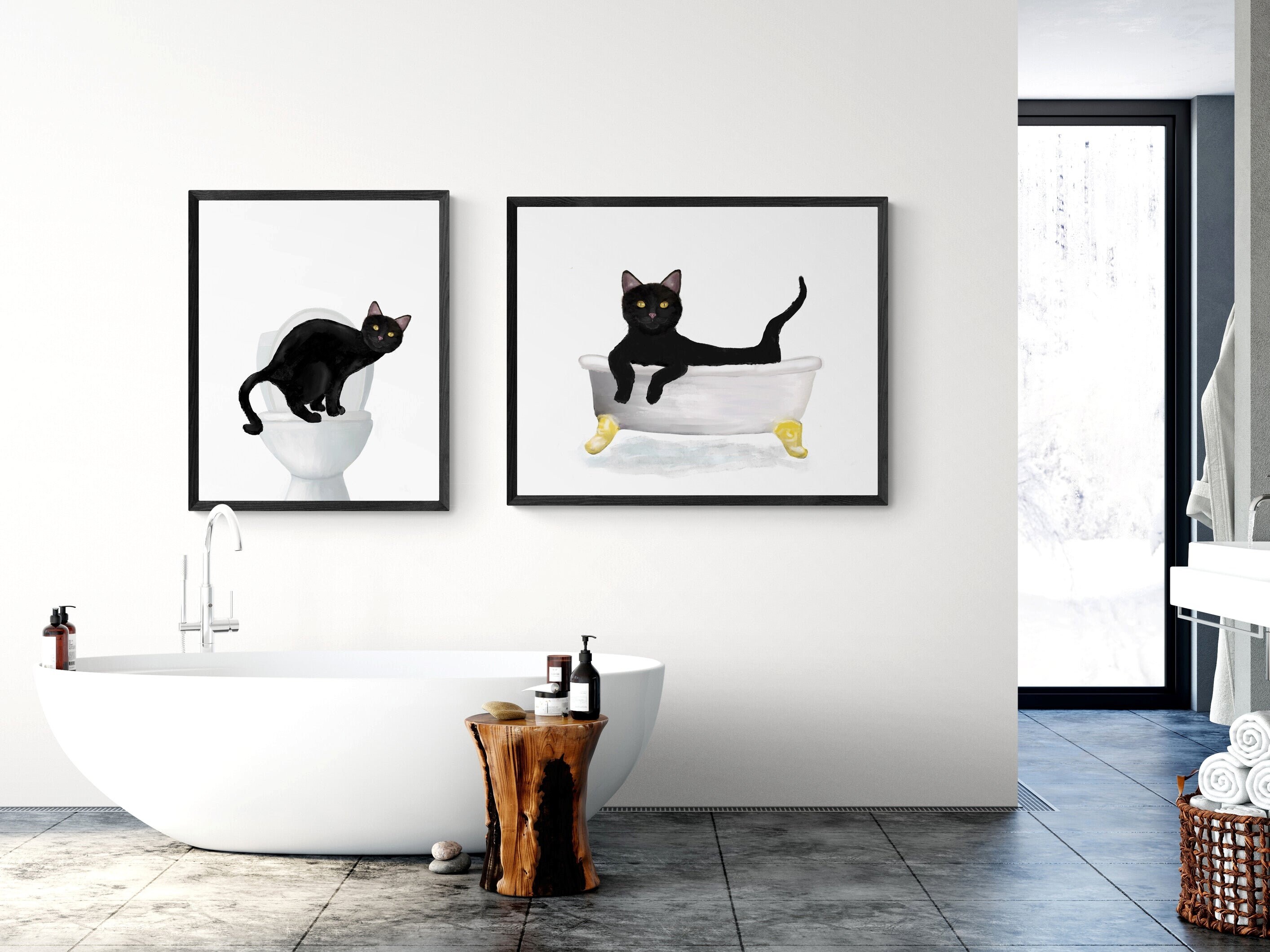 Set of 2 Black Cat Bathroom Wall Art Bathroom Wall Decor Set Etsy