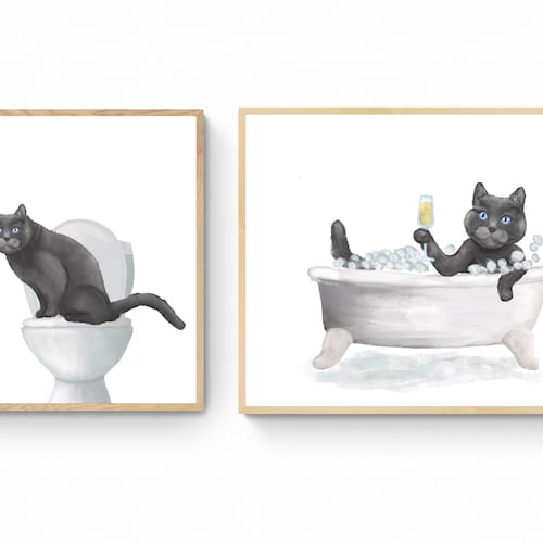Set of 3 Cats in Bathroom Wall Art Bathroom Wall Decor Set Etsy