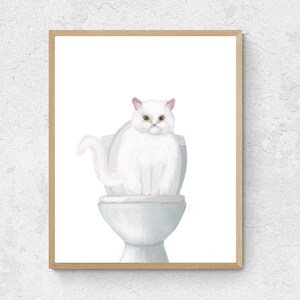 White Cat Sitting on Toilet Print, White Cat in Bathroom Print, Long Hair White Cat Art, Cat Illustration, Home Decor, Fluffy Cat Painting