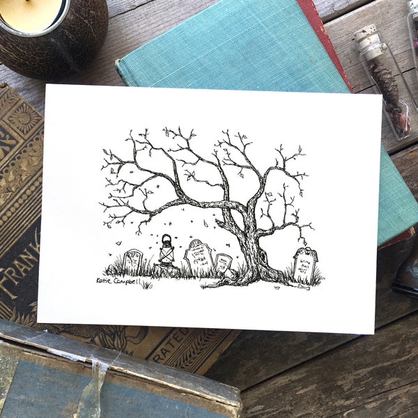 Halloween Tree Print, Gothic Home Decor, Cemetery Black and White Art, Graveyard Print, Inktober Illustration