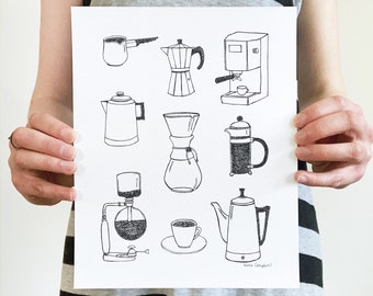 Coffee Maker Pen and Ink Print, Types of Coffee Drawing, Coffee Bar Decor, Minimalist Kitchen