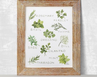 Herb Garden Watercolor Print, Cottagecore Kitchen Wall Art