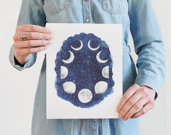 Moon Phases Print, Moon Phases Watercolor, Boho Moon Decor, Moon Child Print, Celestial Watercolor Wall Art