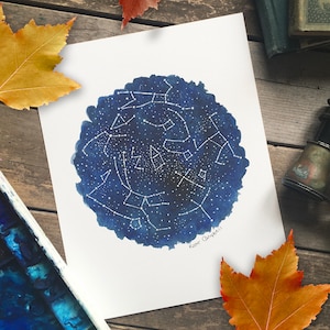Impresión del cielo de la noche de otoño, impresión de arte de acuarela celestial, decoración de la constelación de otoño