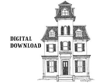 Victorian House Instant Download, Haunted House, Halloween Printable, Gothic Home Decor