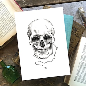 Skull Art Print, Skull With Victorian Eyeglasses, Halloween Wall Art, Pen and Ink Illustration, Macabre Art, Gothic Home Decor, Oddity Art