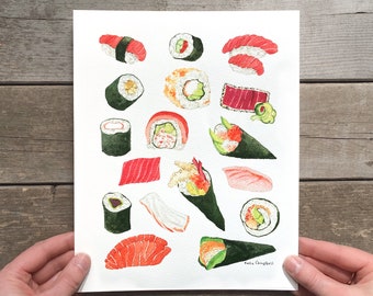 Watercolor Sushi Print, Food Illustration, Kitchen Decor, Sushi Art Print, Kitchen Wall Art, Japanese Food, Housewarming Gift, Foodie Gift