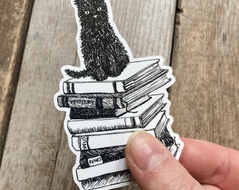 Black Cat with Magic Books Sticker, Pen and Ink Bat Drawing, Witchy Sticker, Halloween Sticker