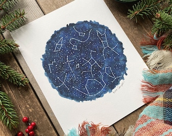 Summer Night Sky Print, Celestial Watercolor Astronomy Wall Art, Constellation Decor, Nature Watercolor Illustration, Aesthetic Room Decor