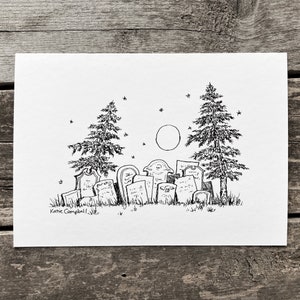 Stampa artistica del cimitero gotico, illustrazione di Halloween, disegno del cimitero, arte infestata