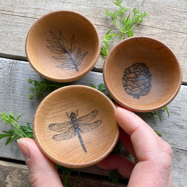 Wood Ring Bowl, Mini Wood Bowl with Ink Drawing, Wood Ring Dish, Unique Trinket Dish, Nature Art Curiosity, Cottagecore Bowl, Altar Bowl