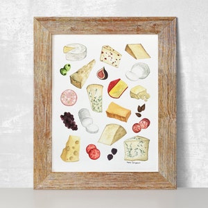 Watercolor Cheese and Charcuterie Print, Food Illustration, Kitchen Decor, Kitchen Wall Art, Housewarming Gift, Foodie Gift