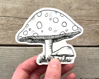 Mushroom Sticker, Pen and Ink Mushroom Sticker Decal, Woodland Forest Fairy Sticker, Cottagecore Sticker