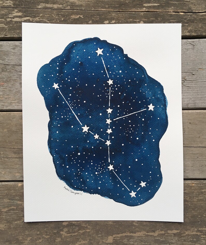 Original Taurus Zodiac Constellation Painting, Celestial Watercolor Taurus Illustration image 3