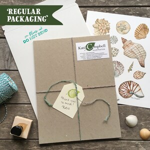 K&ouml;nnte beinhalten: Ein Paket, verpackt in braunem Papier, mit Bindfaden verschn&uuml;rt und einem Anh&auml;nger mit der Aufschrift "thank you so much! Katie". Ein wei&szlig;er Umschlag mit dem Aufdruck "Please DO NOT BEND". Eine Aquarellillustration von Muscheln ist sichtbar.