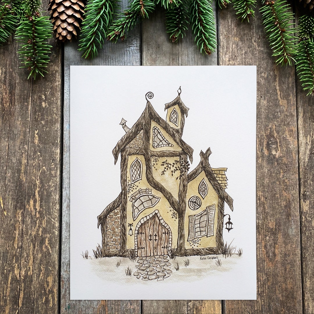 Fairytale Cottage Art Print, Sepia Pen and Ink Illustration - Etsy