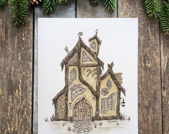 Fairytale Cottage Art Print, Nursery Wall Art, Rustic Home Decor, Fantasy Pen and Ink Illustration, Cottagecore Aesthetic
