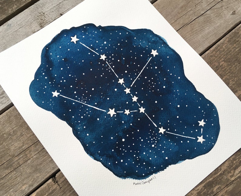 Original Taurus Zodiac Constellation Painting, Celestial Watercolor Taurus Illustration image 4