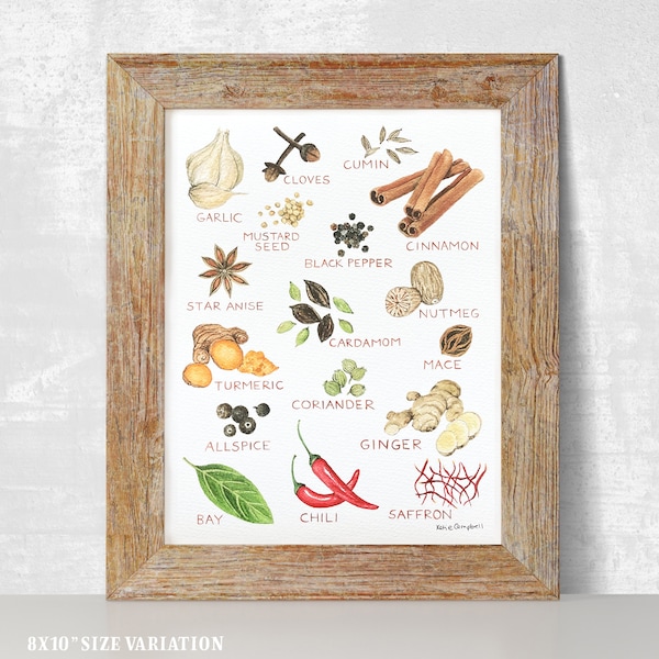 Watercolor Kitchen Spices Print, Food Illustration, Kitchen Decor, Cooking Art Print, Kitchen Wall Art, Housewarming Gift