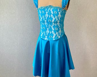 Blue & White Lace sleeveless Figure Skating Ice dance dress Girls Size 10/12