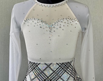 White and silver plaid long sleeve Figure Skating Dress Girls Size 8