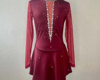 Burgundy long sleeve Figure Skating Dress Girls Size 10/12
