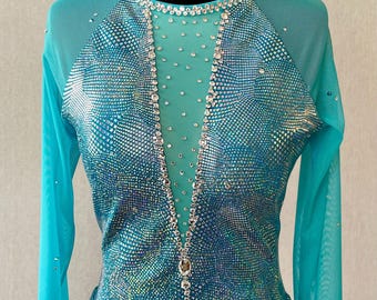 Turquoise Sparkly long sleeve Figure Skating Dress Girls Size 14
