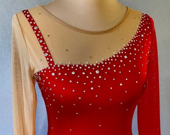 Red long sleeve Figure Skating Dress Adult Medium