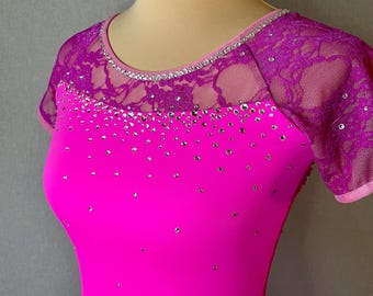 Bright Pink Lace short sleeve Figure Skating Dress Adult Small