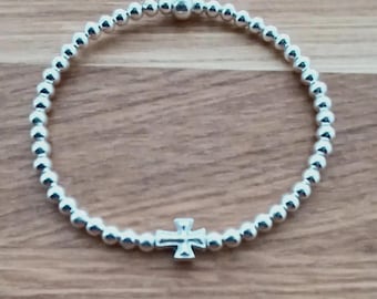 Silver Filled 4mm Bead Bracelet: Patterned Cross, Stretchy, Minimalist