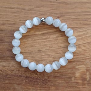 White Cat Eye Stretch Bracelet with 10mm Gemstone Beads, Spiritual Stone, Symbolic of Purity & Innocence, Gift Idea for Him or Her