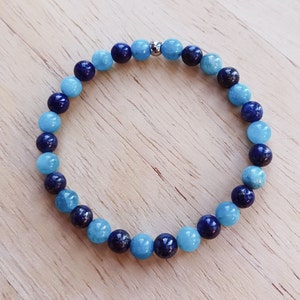 Blue Apatite & Lapis Lazuli Stretch Bracelet with 6mm Gemstone Beads, Third Eye and Throat Chakra, Handmade Gift