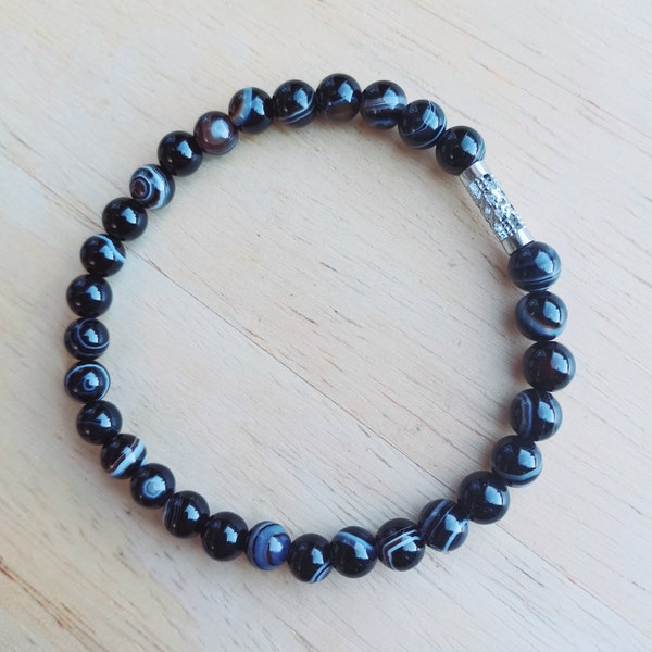 Striped Black Agate Healing Bracelet, 6mm Gemstone Beads, Protection & Peace, Spiritual Stone