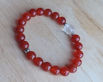 Red Carnelian Stretch Bracelet: 8mm Gemstone Beads with Quartz Crystal