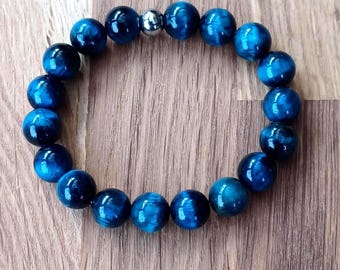 Blue Tiger's Eye Stretch Bracelet: 10mm Gemstones, Symbol of Protection, June Birthstone
